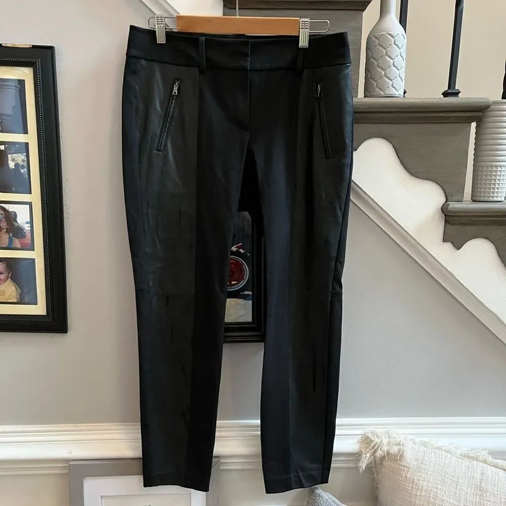 Ann Taylor Black Faux Leather Wide Racing Stripe Pants sz 8 EUC